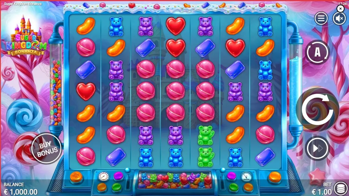 Tampilan layar permainan Sugar Kingdom Bonanza dengan elemen visual neon dan permen yang cerah.