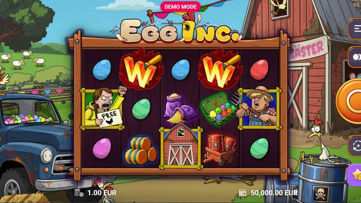 Tampilan visual slot Egg Inc. dengan tema peternakan kartun