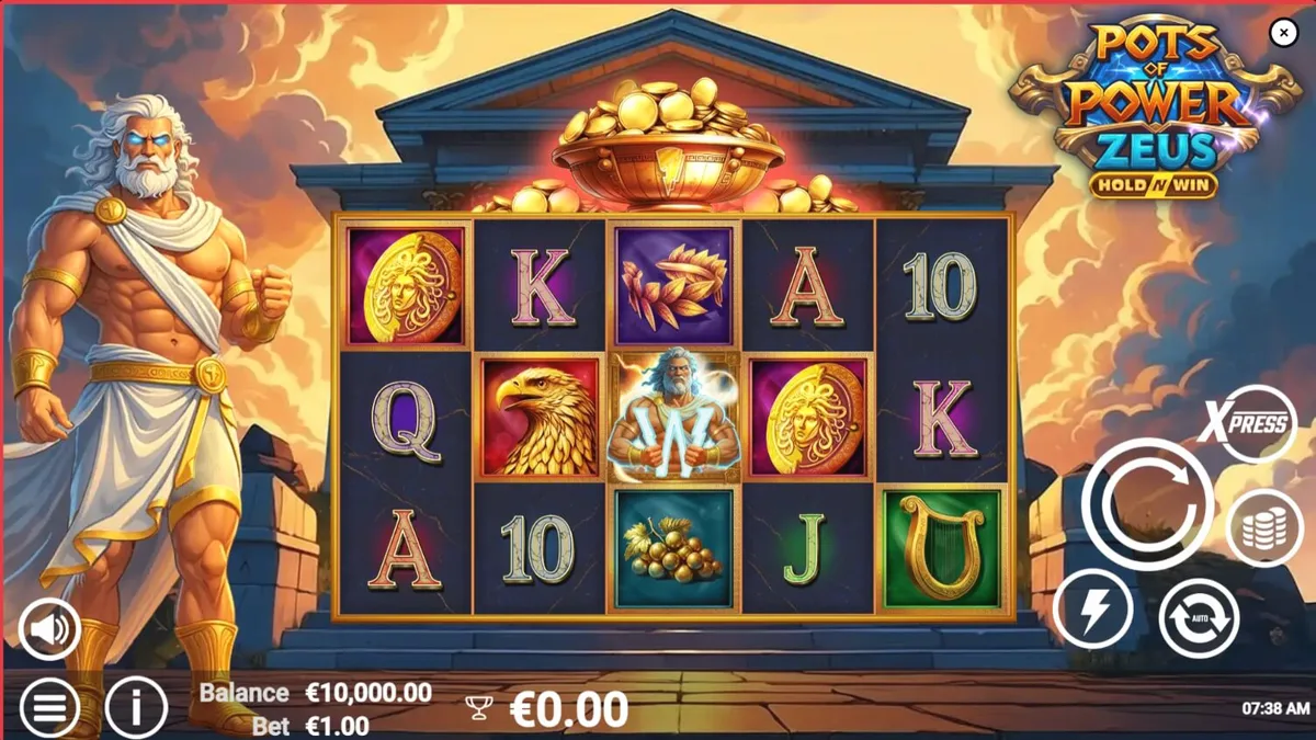 Pots of Power: Zeus slot gameplay dengan latar belakang kuil Yunani dan petir
