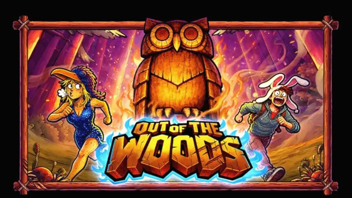 Tampilan visual slot Out of the Woods dengan tema hutan dan karakter berkostum hewan.